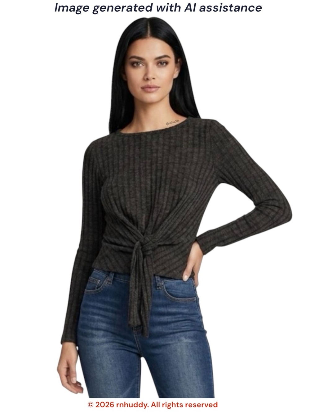 NWT Lulus S Charcoal Grey Ribbed Long Sleeve Tie-Front Top